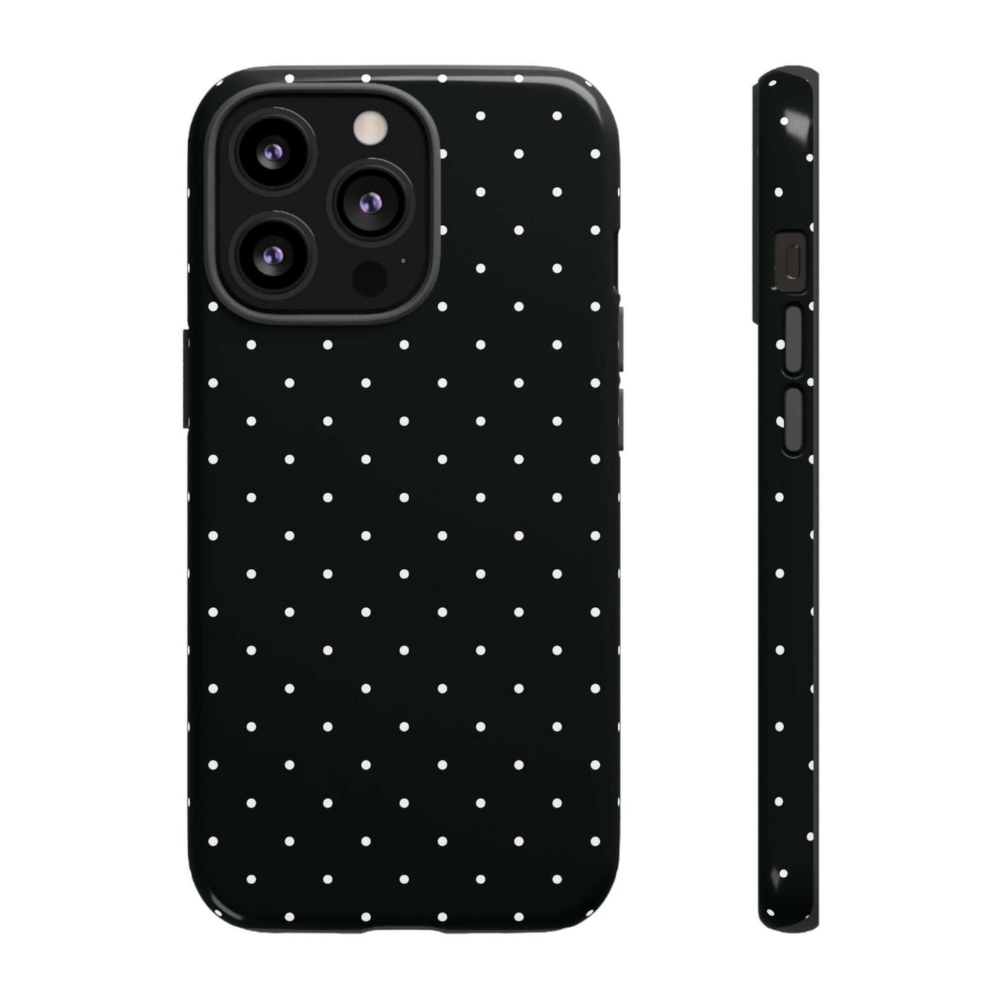 Black chic polka dot iPhone case with minimalist design, featuring white spots on a black background for a stylish and protective accessory.