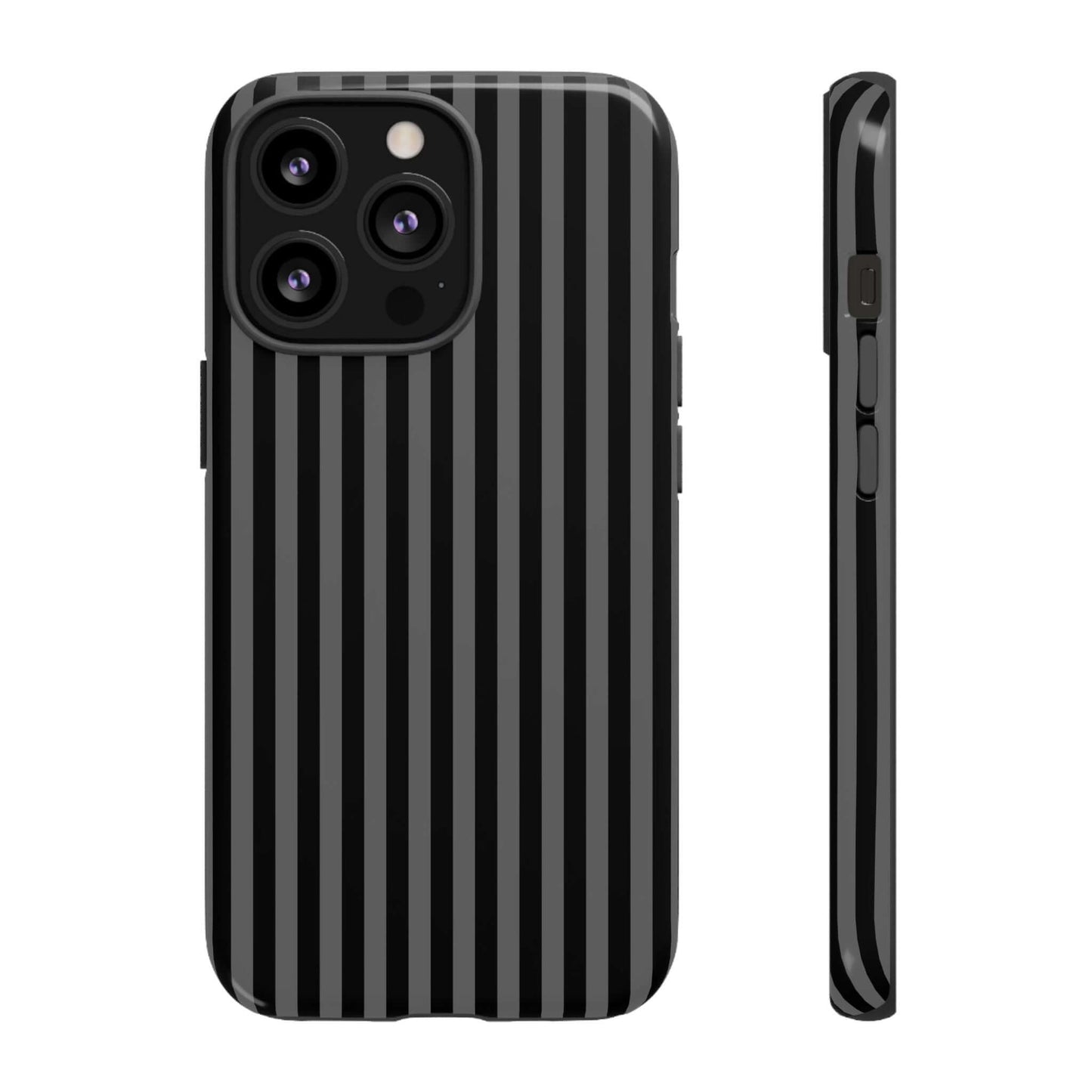 Elegant striped black iPhone case with glossy finish, shock-absorbent, MagSafe-compatible, luxurious yet protective design.