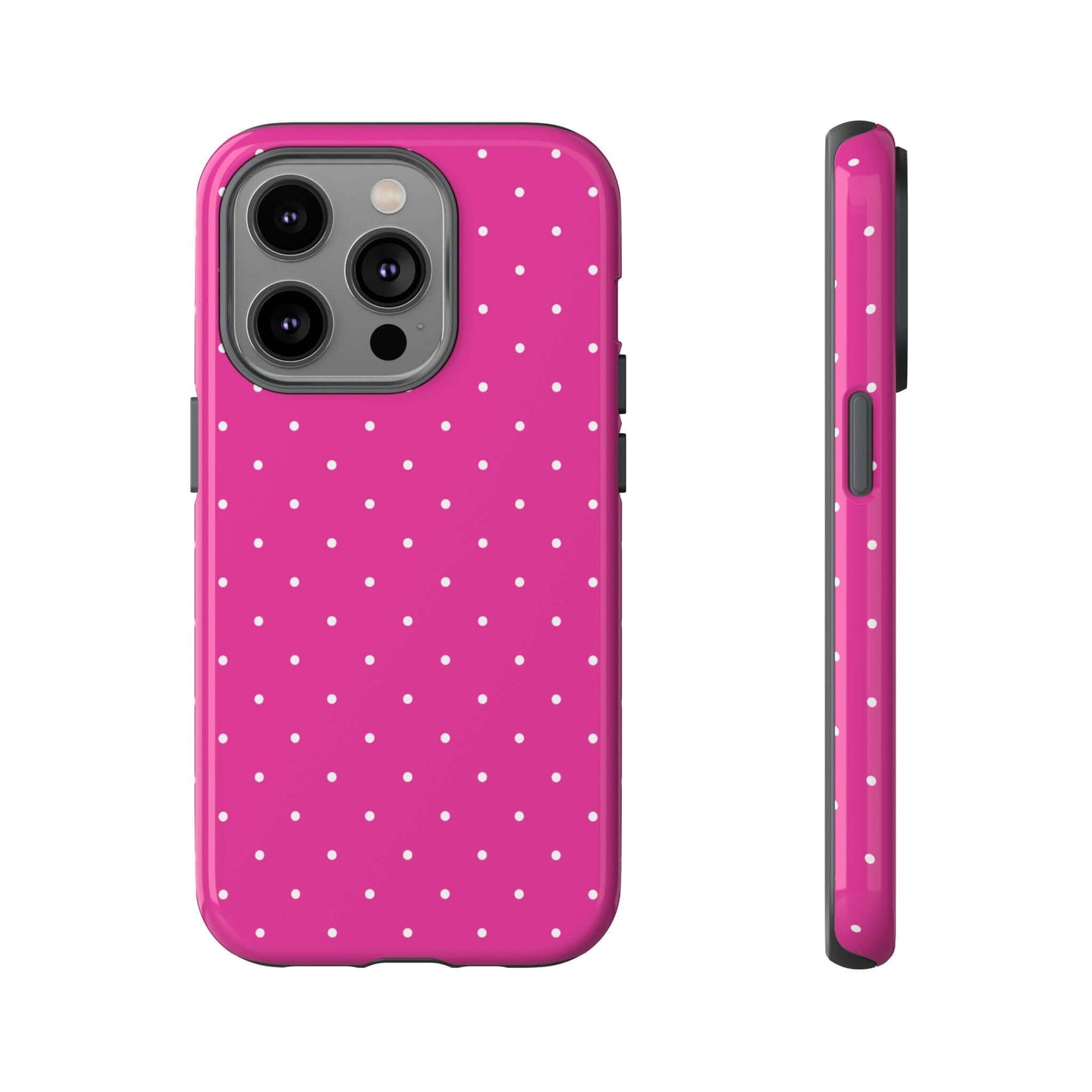 Fuchsia pink polka dot iPhone case for women with slim design and durable protection features, including polycarbonate back and TPU bumper.