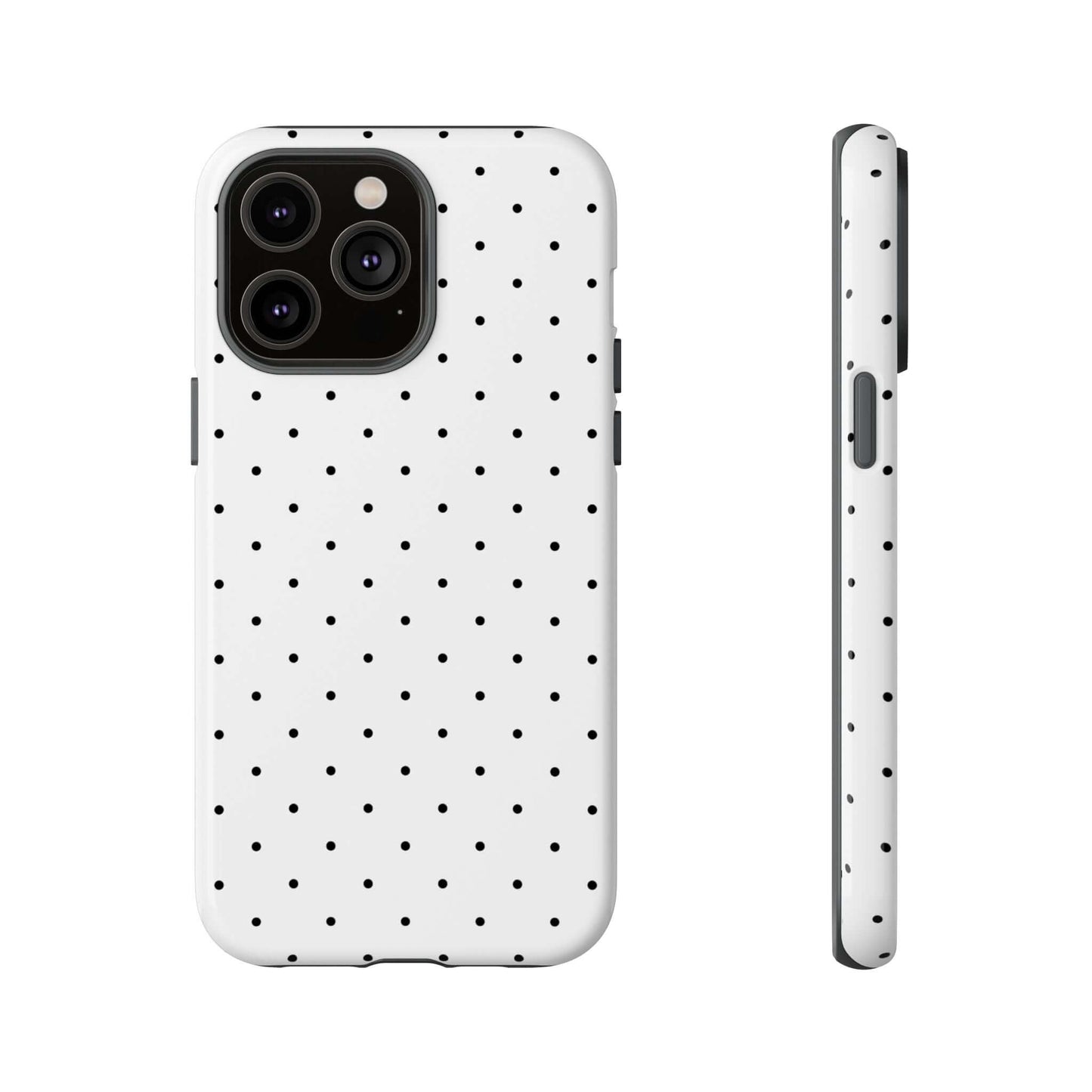 Minimalist black and white polka dot iPhone case featuring a chic design with evenly spaced dots, offering stylish and durable phone protection.
