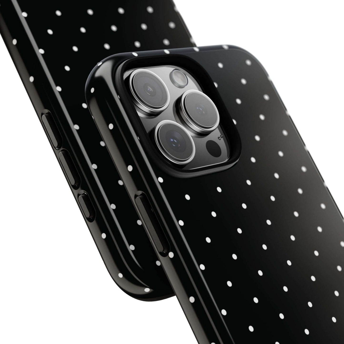 Black chic polka dot iPhone case with minimalist style, featuring a protective design for women, showcasing elegant white dots on a dark background.