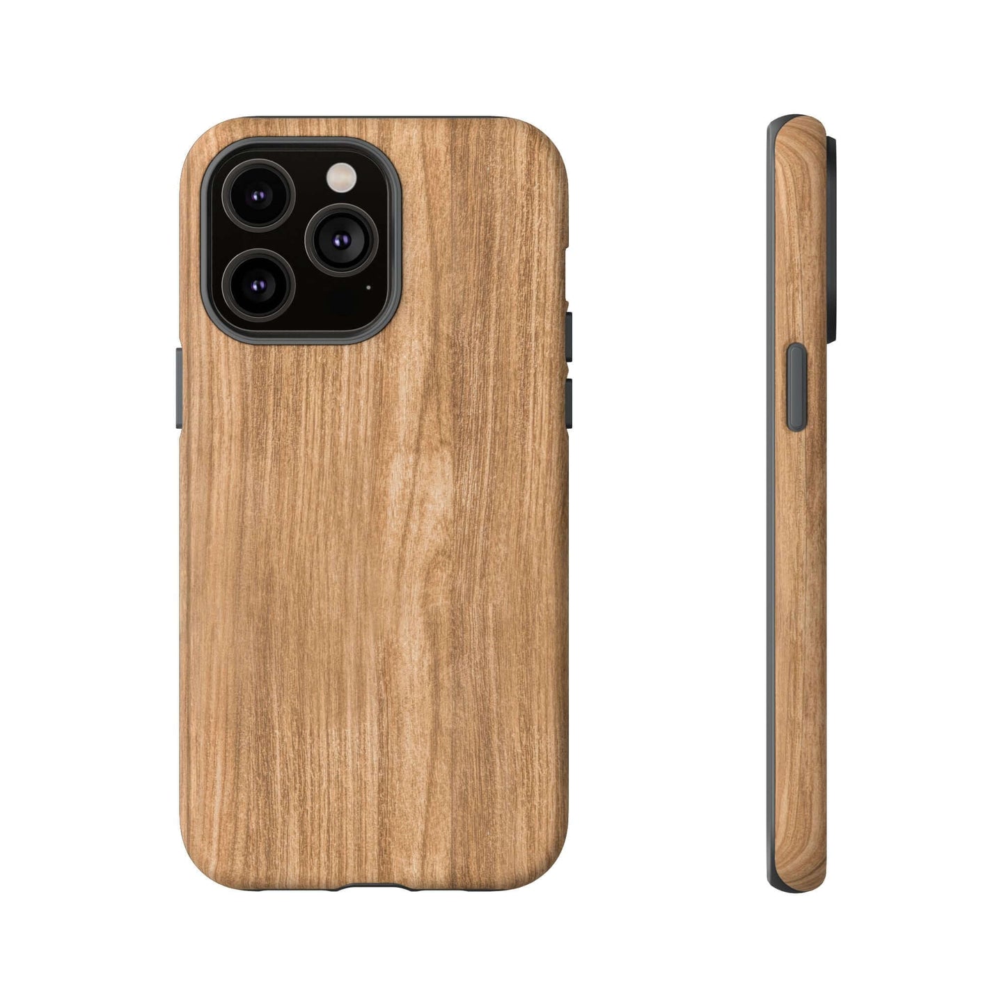 Rustic natural wood iPhone case with faux wood grain design, showcasing lifelike timber texture and warm earthy tones.
