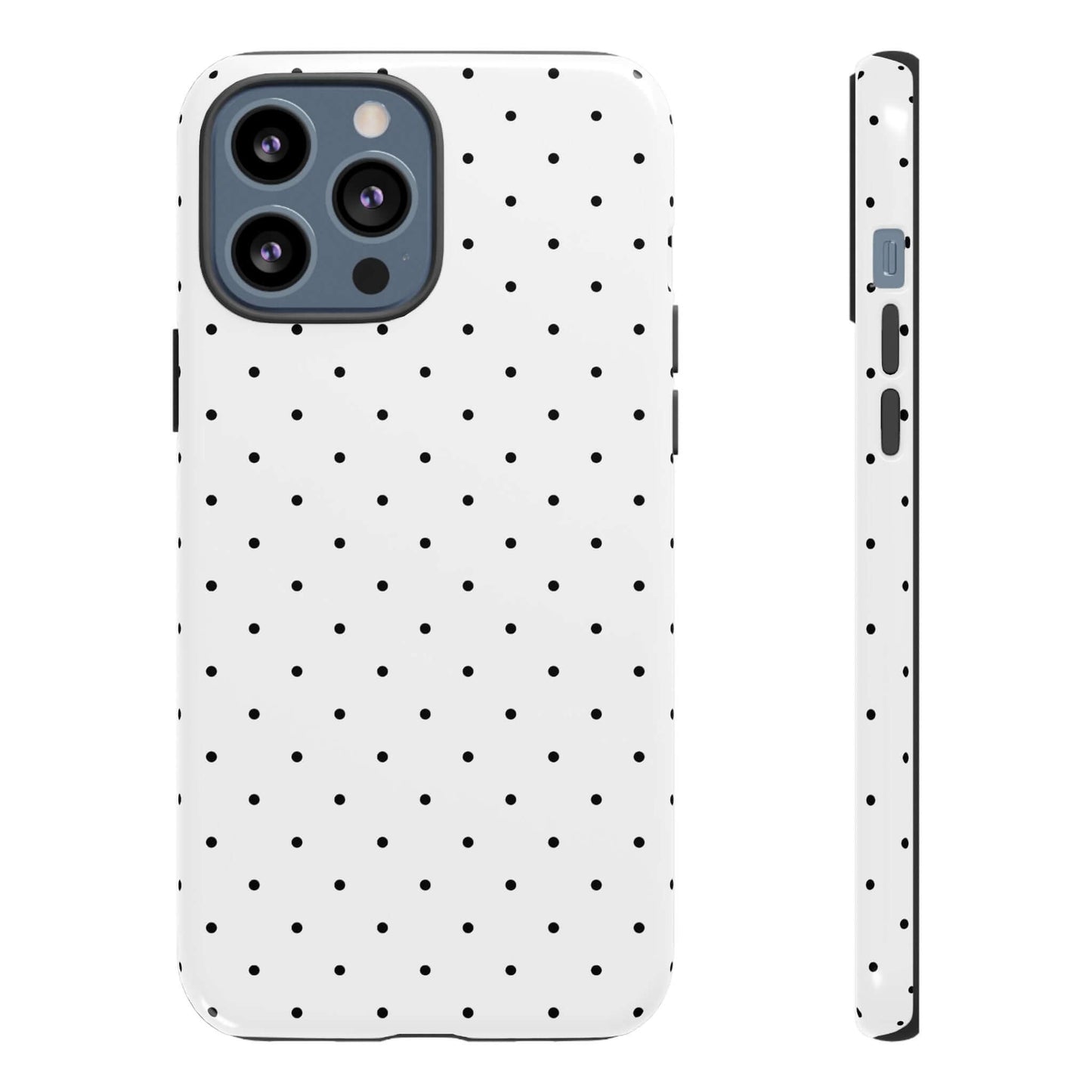 Black and white polka dot iPhone case, minimalist design with durable protection for chic fashion lovers.