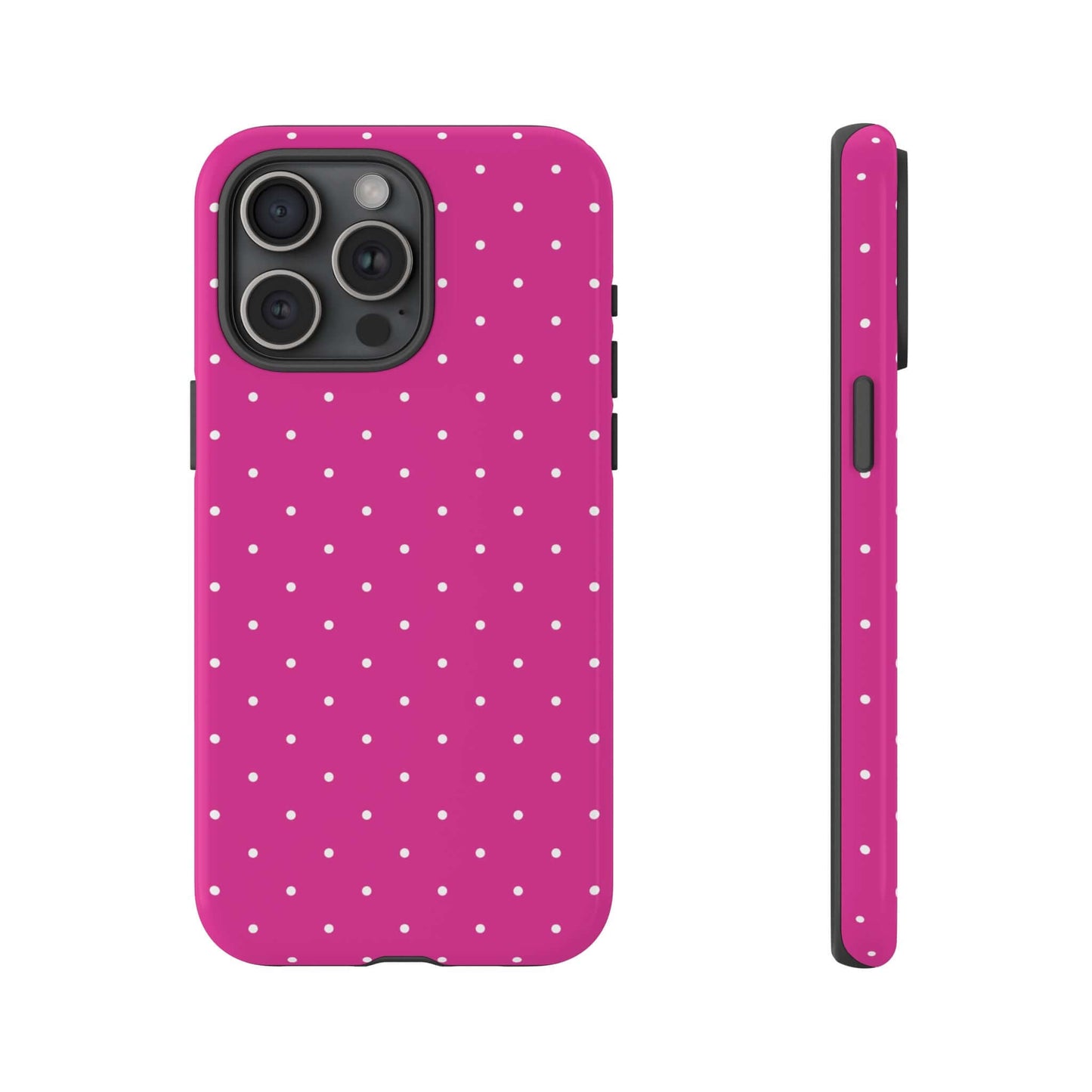Fuchsia pink polka dot iPhone case with white dots, slim and protective design for women.