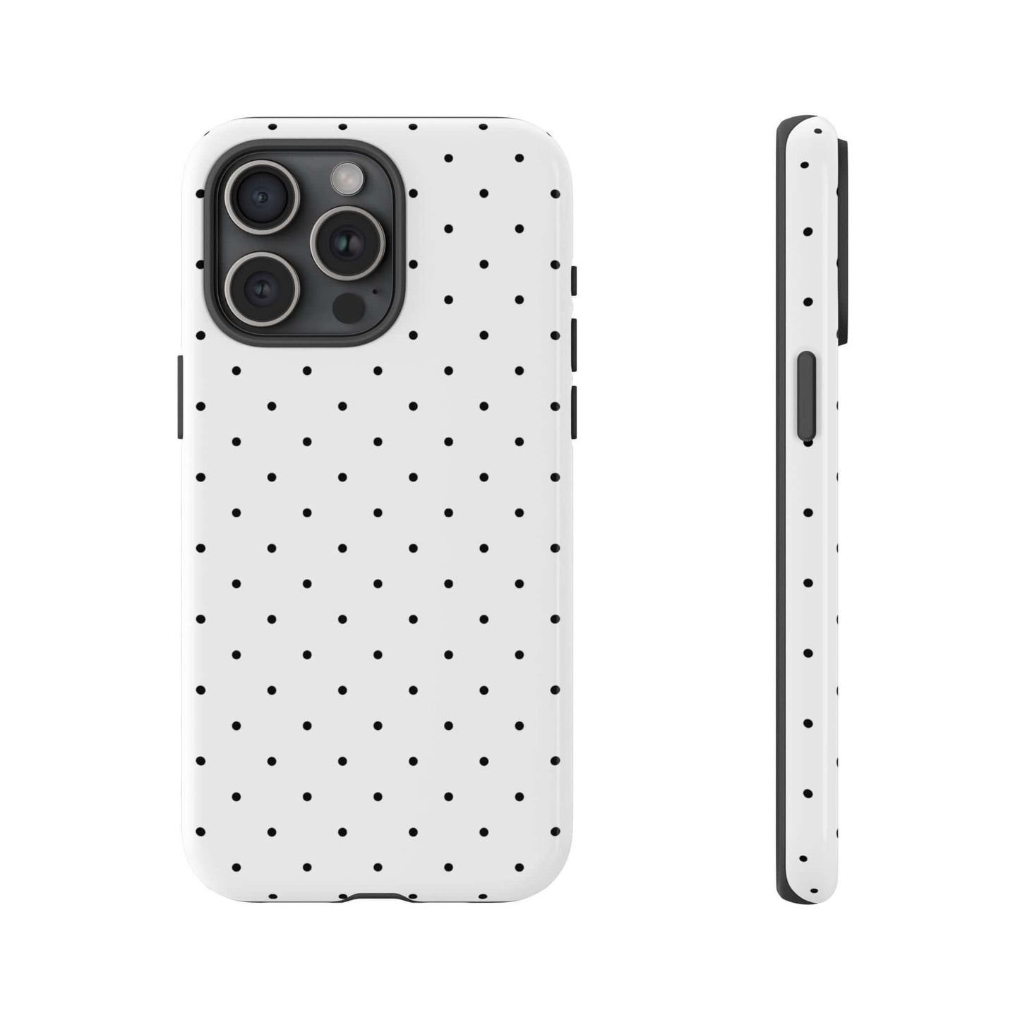 Minimalist polka dot iPhone case in black and white, featuring elegant design with durable protection; ideal for chic fashion lovers.