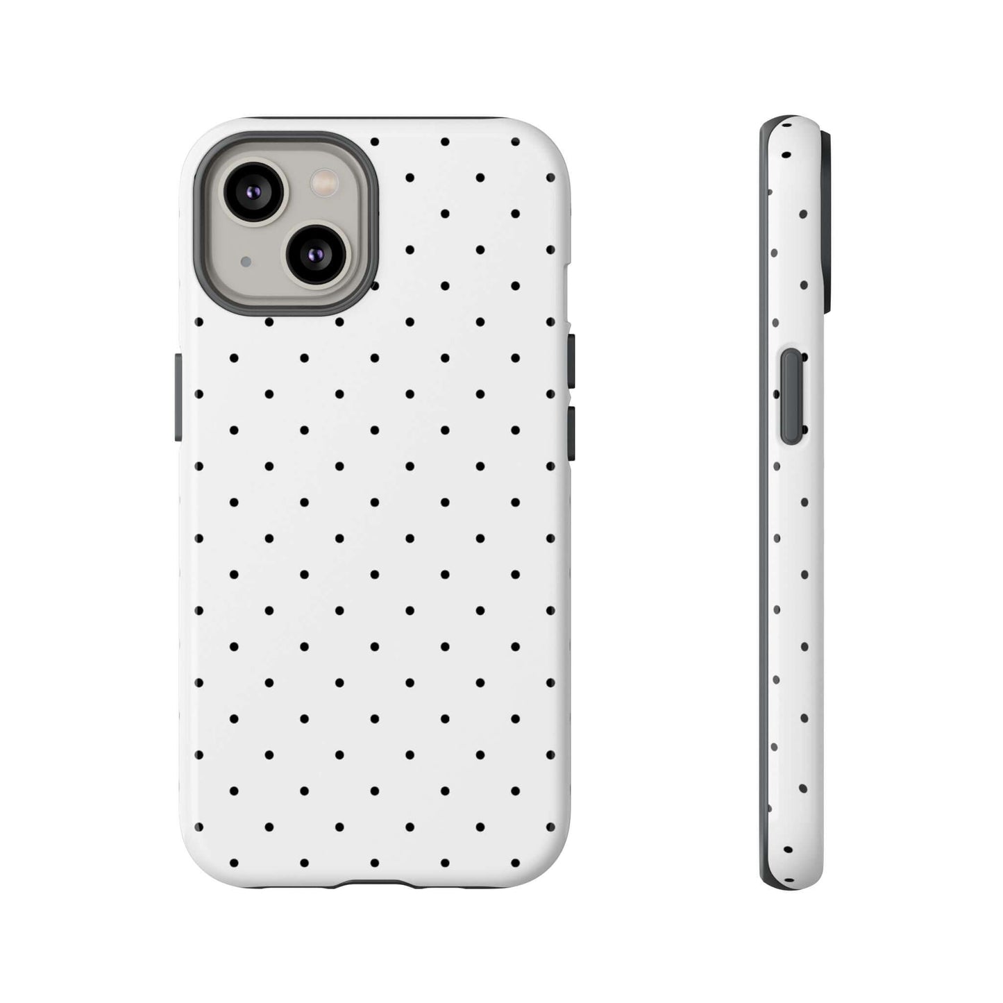 Minimalist Polka Dot iPhone Case in black and white, featuring a chic design with evenly spaced polka dots, shown from front and side.