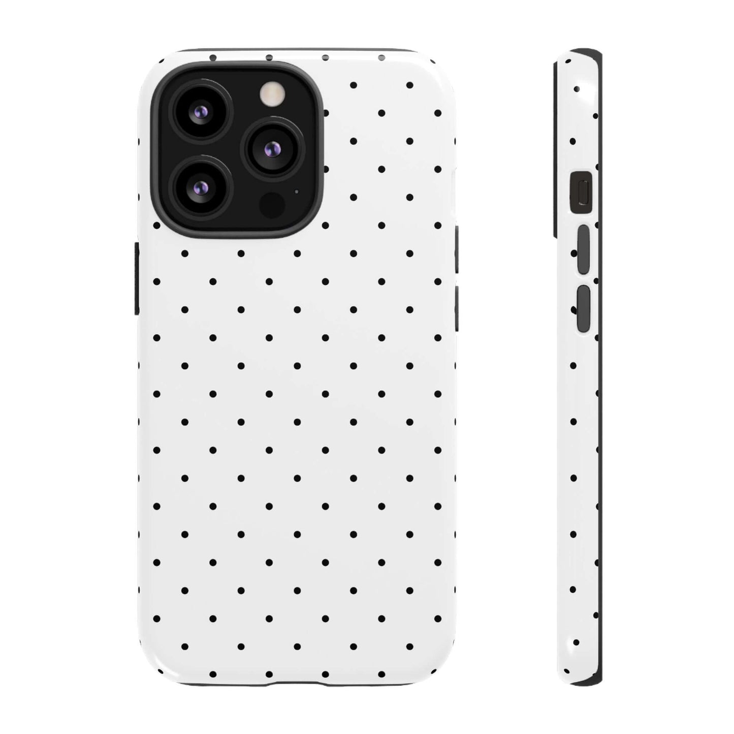 Black and white polka dot iPhone case showcasing minimalist design, stylish and durable, perfect accessory for chic phone protection.