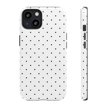 Minimalist black and white polka dot iPhone case with timeless and chic design, suitable for modern women seeking stylish protection.