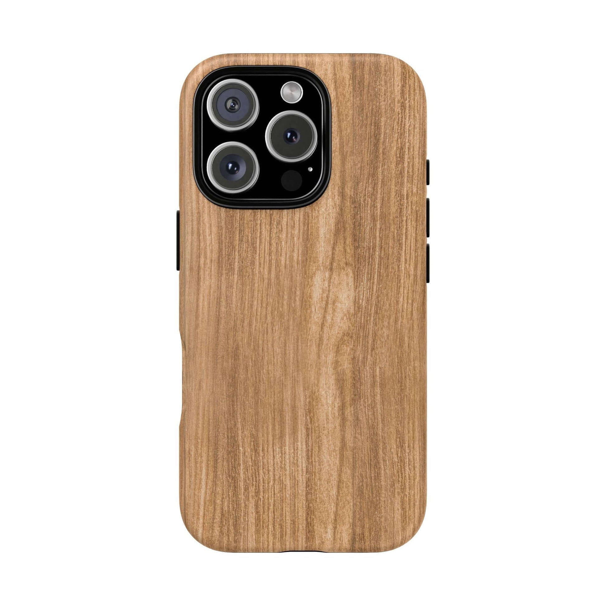 Rustic natural wood iPhone case with faux wood grain design, showcasing lifelike timber patterns in earthy tones for vintage style.
