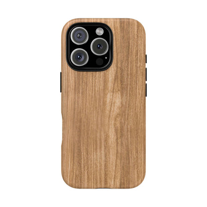 Rustic natural wood iPhone case with faux wood grain design, showcasing lifelike timber patterns in earthy tones for vintage style.