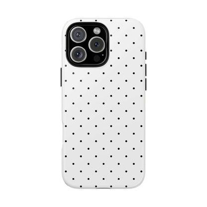 Minimalist polka dot iPhone case in black and white, featuring chic design for stylish and durable phone protection.