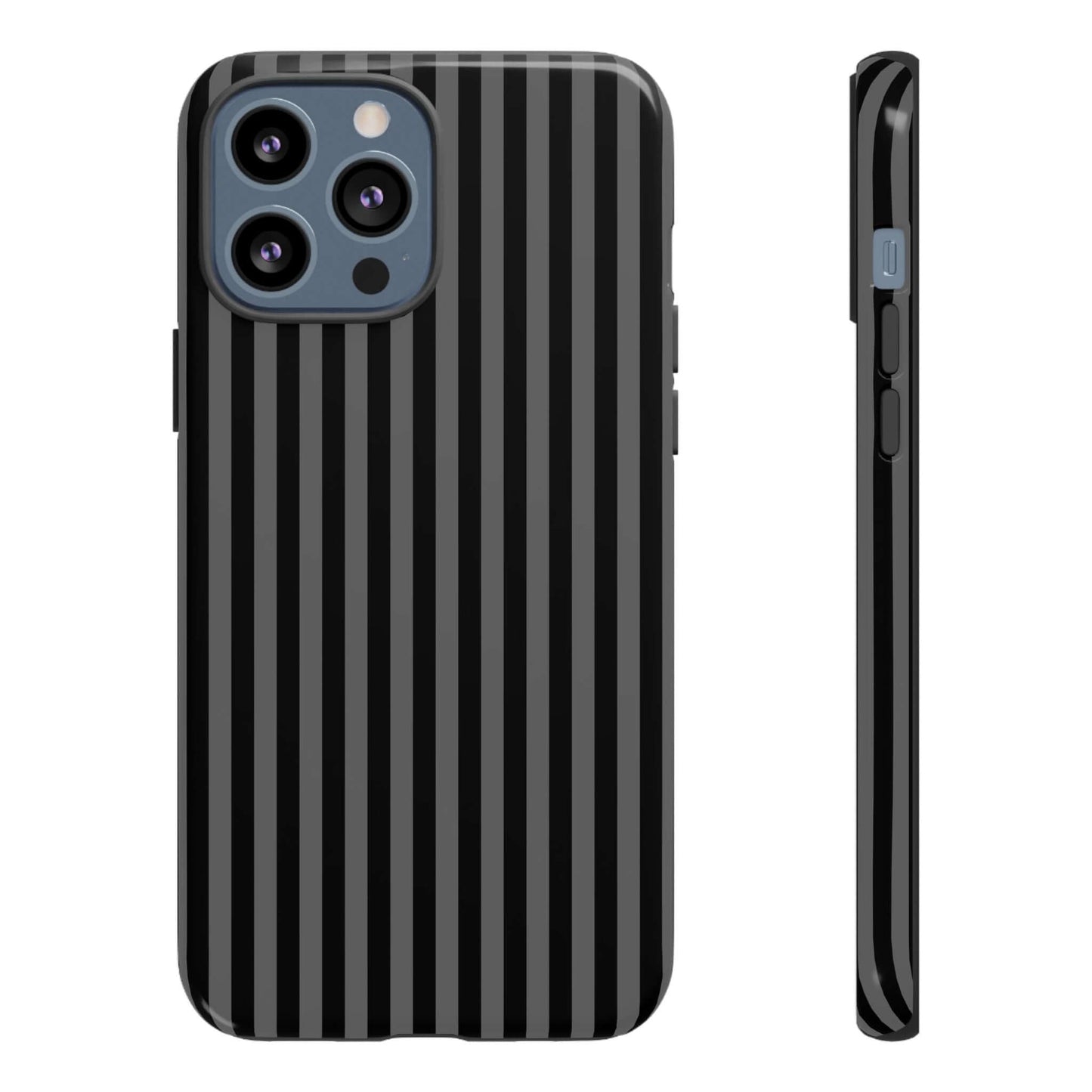 Striped black iPhone case with glossy finish, MagSafe-compatible, crafted from shock-absorbent materials for style and protection.