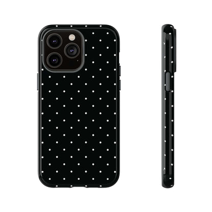 Alt Tag: Black Chic Polka Dot iPhone Case in Minimalist Style with white spots, offering elegance and protection for fashion-forward women.