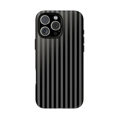 Obsidian Elegance striped black iPhone case; sleek, glossy finish, MagSafe-compatible, luxury style; ideal for modern protection.