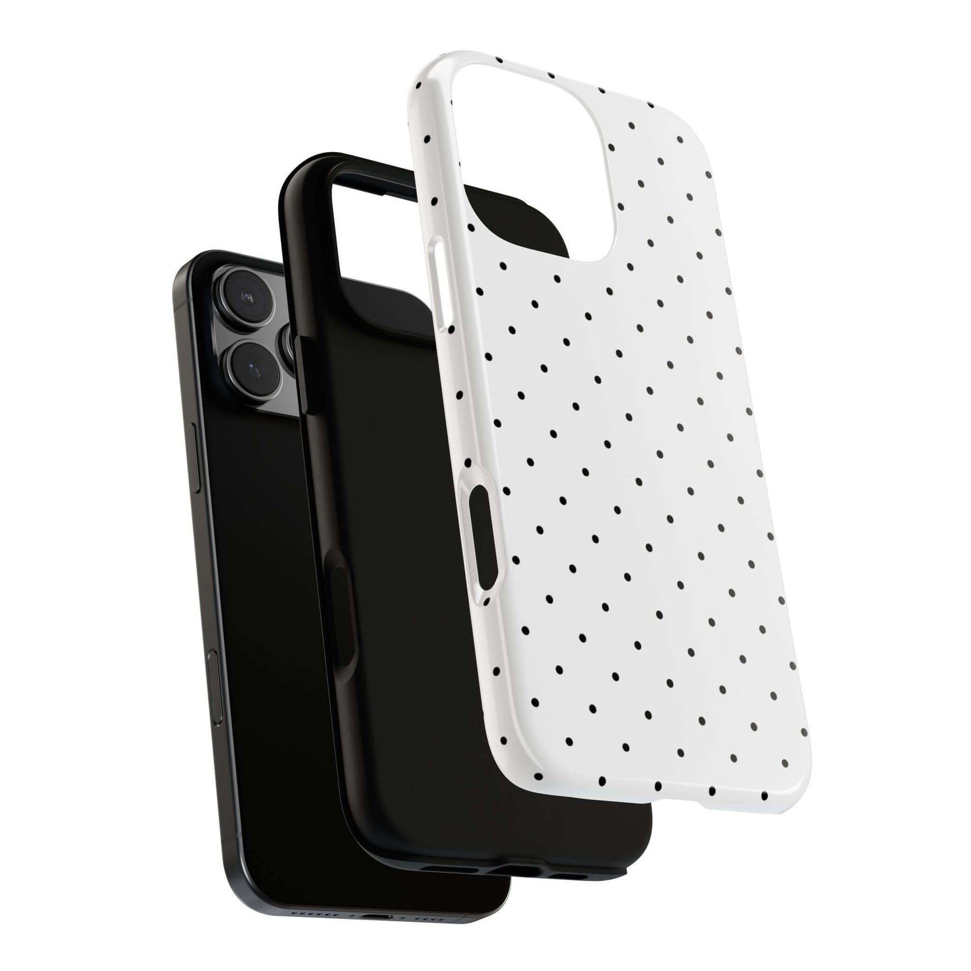 Minimalist black and white polka dot iPhone case showcasing modern elegance and durability for stylish women.