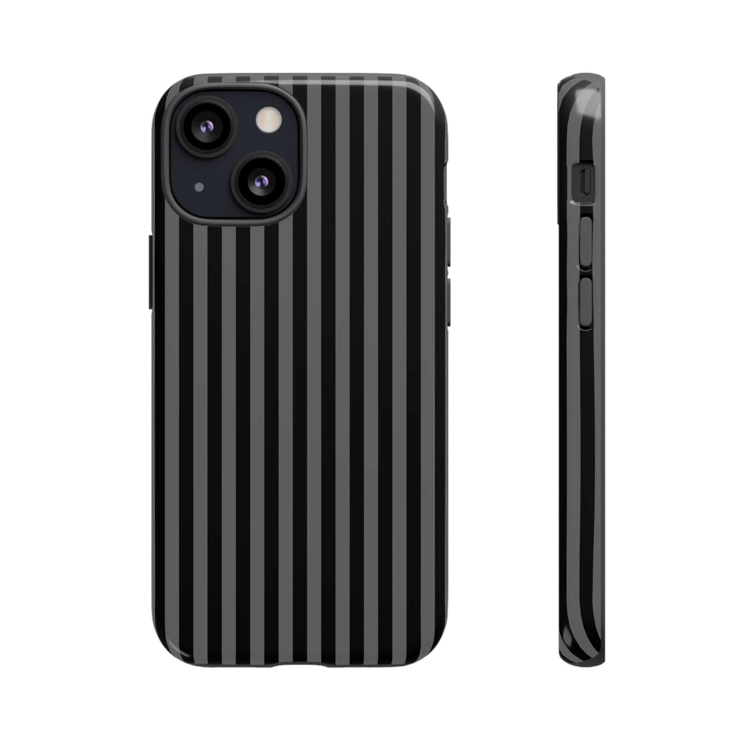 Obsidian Elegance Striped Black iPhone Case with glossy finish, luxury design, shock-absorbent, lightweight, MagSafe-compatible