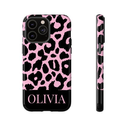 Chic Pink Black Leopard Print iPhone Case - Custom Name Cover