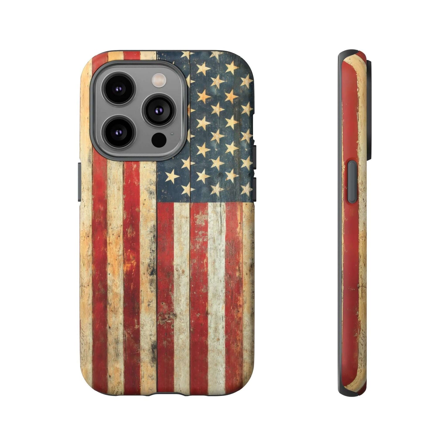iPhone case with a vintage American flag design and rugged construction, featuring a rustic, distressed finish for added protection.