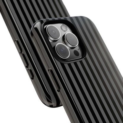 Obsidian Elegance striped black iPhone case with glossy finish and MagSafe compatibility, showcasing luxury design and protection.