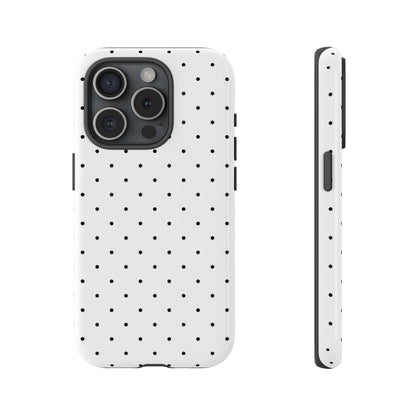 Minimalist black and white polka dot iPhone case with chic design for women, showcasing classic elegance and modern simplicity.