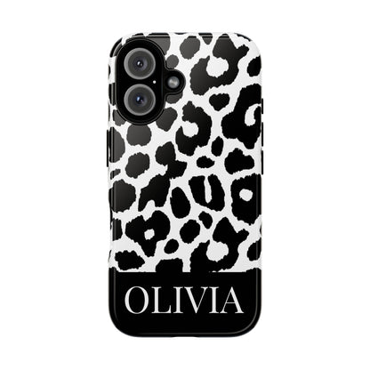 Custom Name Leopard Print iPhone Case - Black and White