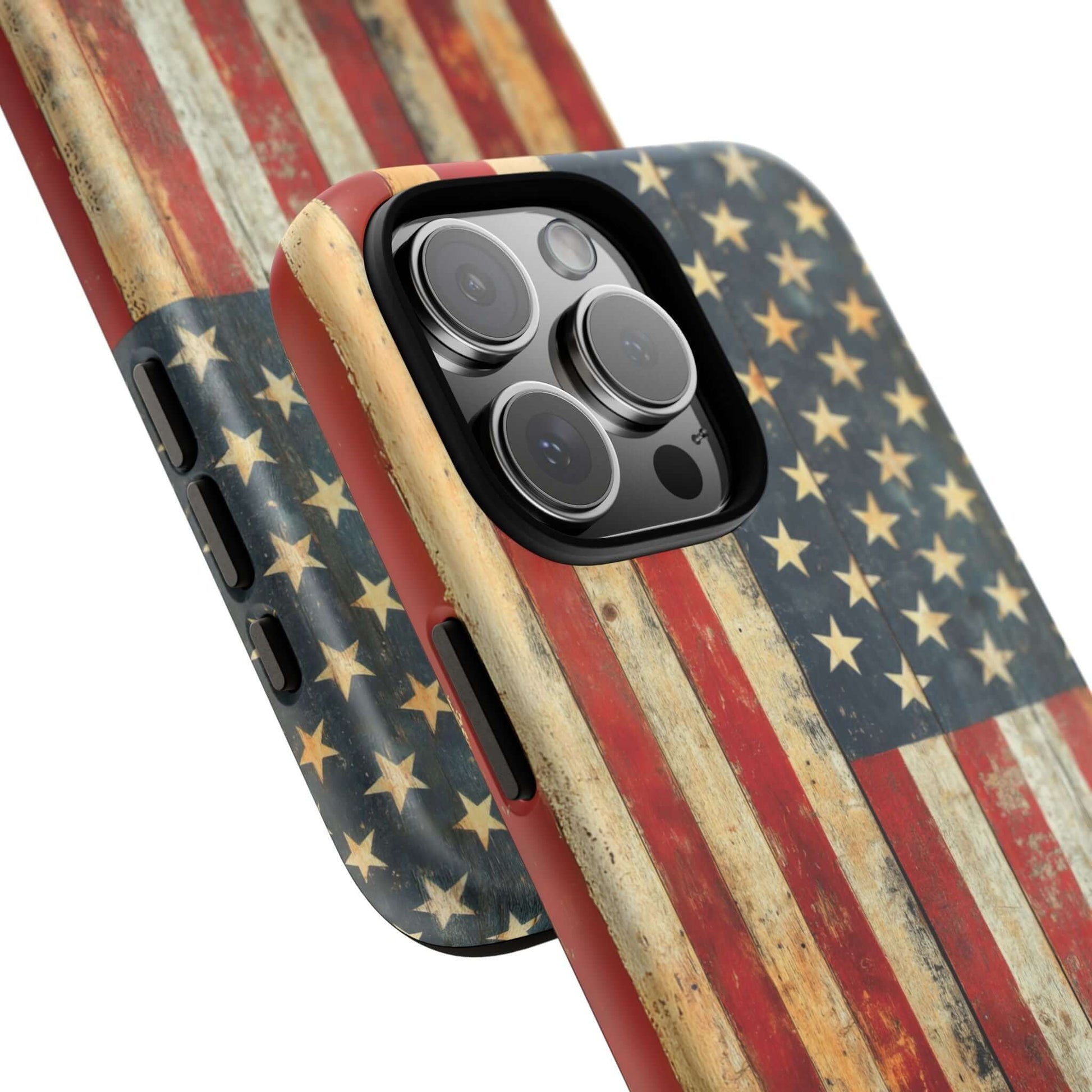 Vintage American Flag iPhone Case - Rustic USA Flag, distressed matte finish, anti-fingerprint, scratch-resistant, rugged protection.