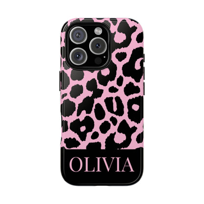Chic Pink Black Leopard Print iPhone Case - Custom Name Cover