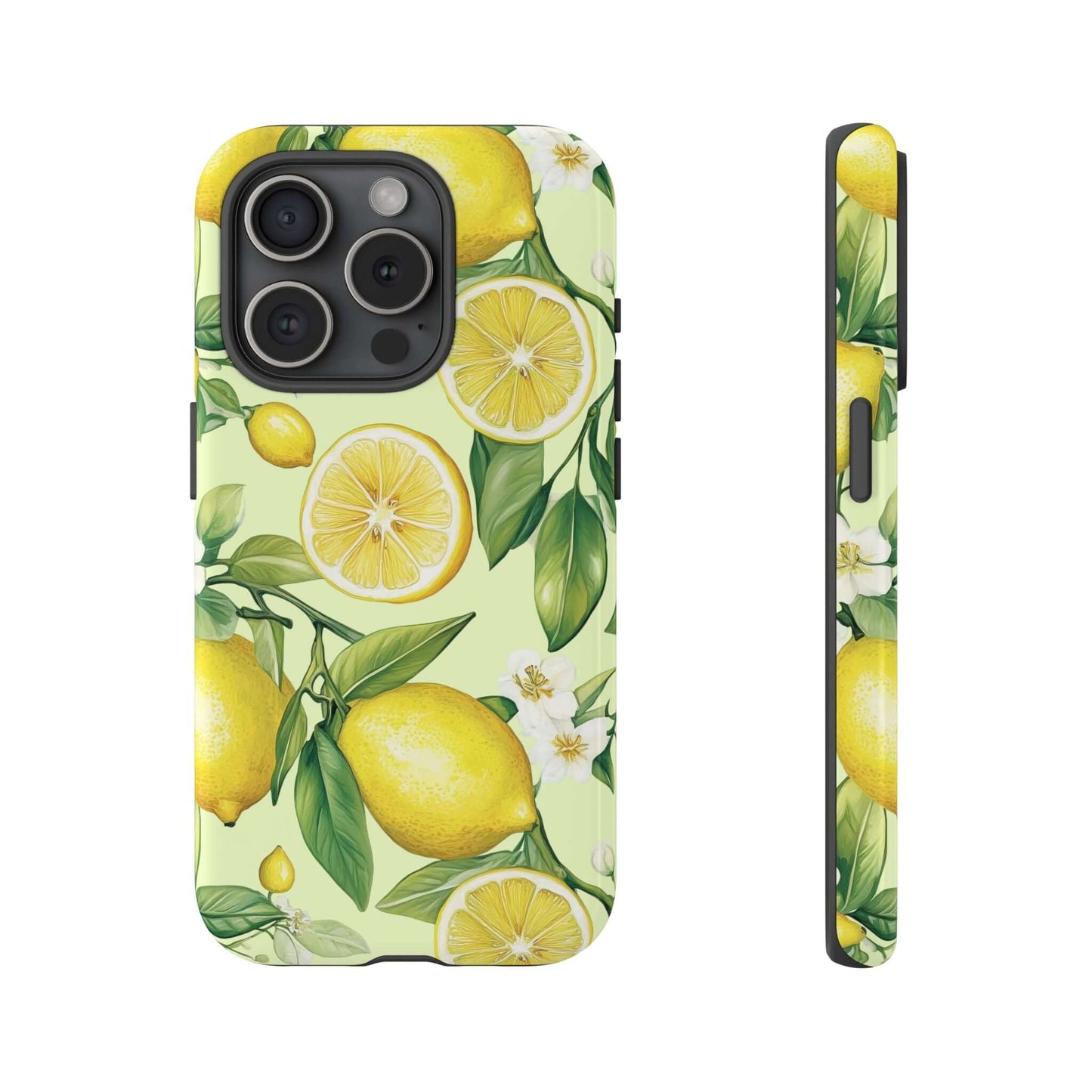 Lemon Blossom iPhone Case with hand-painted watercolor lemons and blossoms on pastel background, protective and pocket-friendly design.