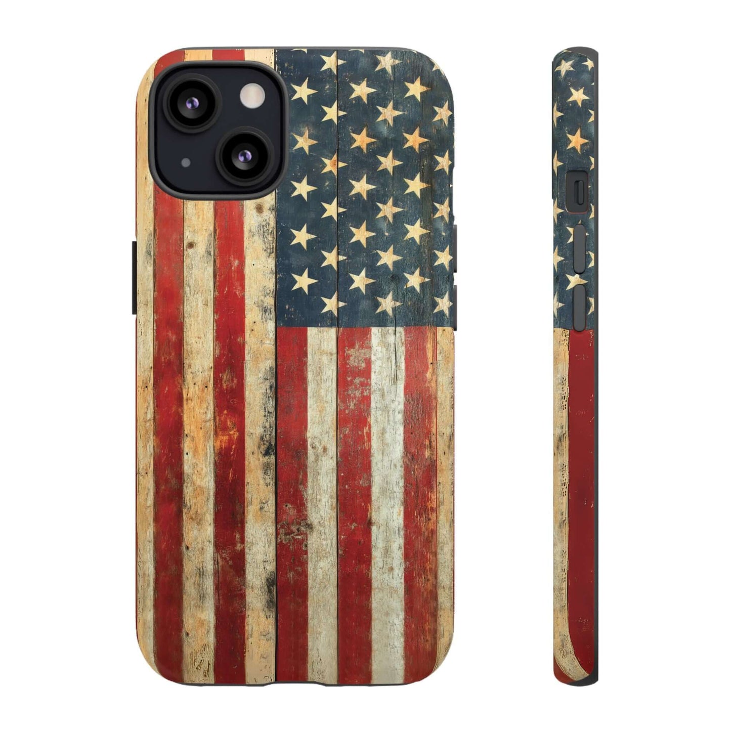 Vintage American Flag iPhone case with rustic USA design, matte finish, and durable construction, showcasing distressed stars and stripes.