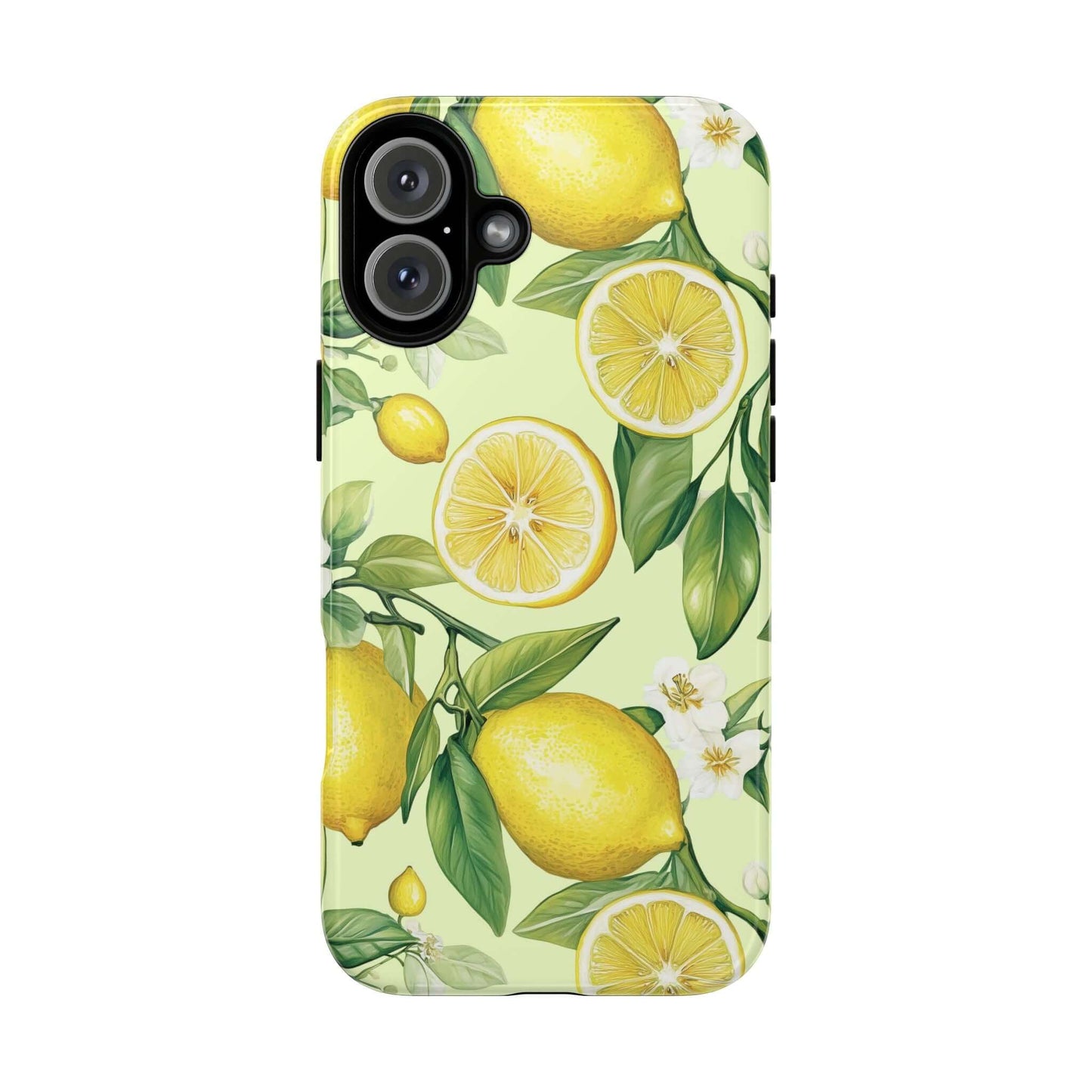Lemon Blossom iPhone Case with watercolor lemon and flower design on pastel background, offering stylish protection.