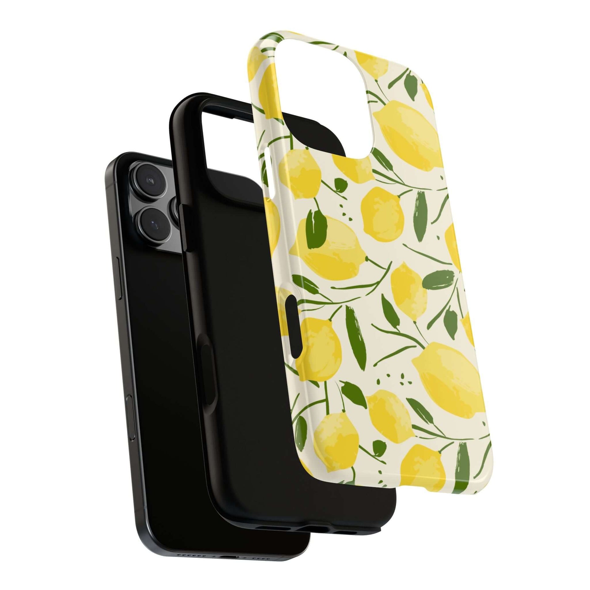 Watercolor Lemon iPhone Case with hand-drawn yellow lemons and leafy branches, featuring a dual-layer protective shell and matte finish.