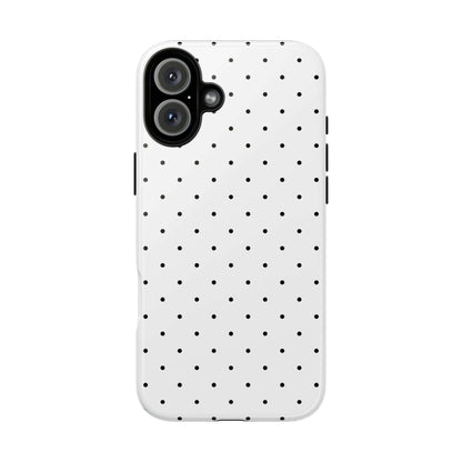 Minimalist black and white polka dot iPhone case, offering chic style and durable protection.