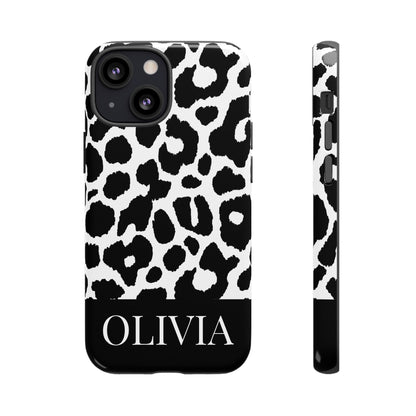 Custom Name Leopard Print iPhone Case - Black and White