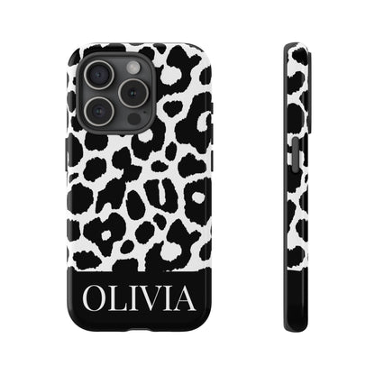Custom Name Leopard Print iPhone Case - Black and White