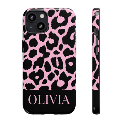 Chic Pink Black Leopard Print iPhone Case - Custom Name Cover