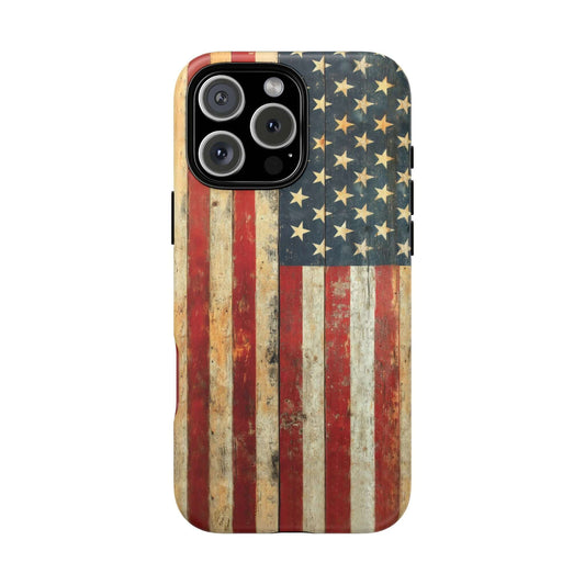 Vintage American Flag iPhone Case with rustic, distressed USA flag design and a matte, anti-fingerprint finish for protection.