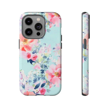 Watercolor Floral iPhone Case in pastel mint with peonies and blooms, vivid print around camera cutouts, perfect spring accessory.