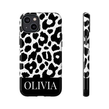 Custom Name Leopard Print iPhone Case - Black and White