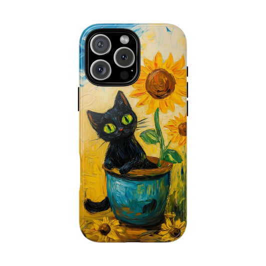 Whimsical Sunflower Cat iPhone 16 Case with playful golden bloom design, features black cat in pot and sunflower, durable protection.