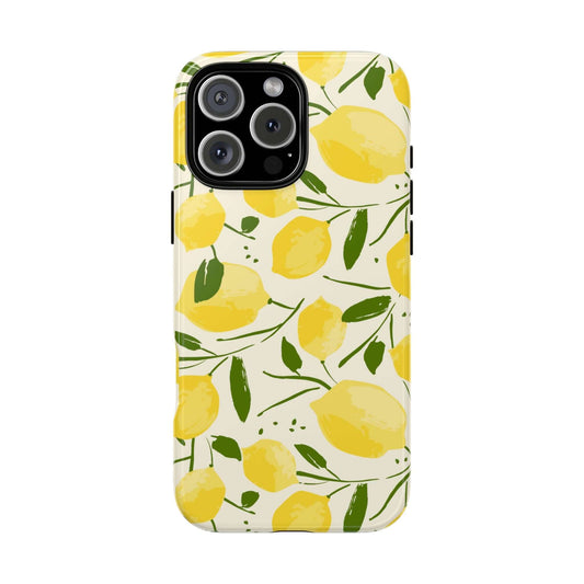 Hand-drawn watercolor lemon iPhone case with bright yellow lemons and green leaves, offering a modern botanical design.