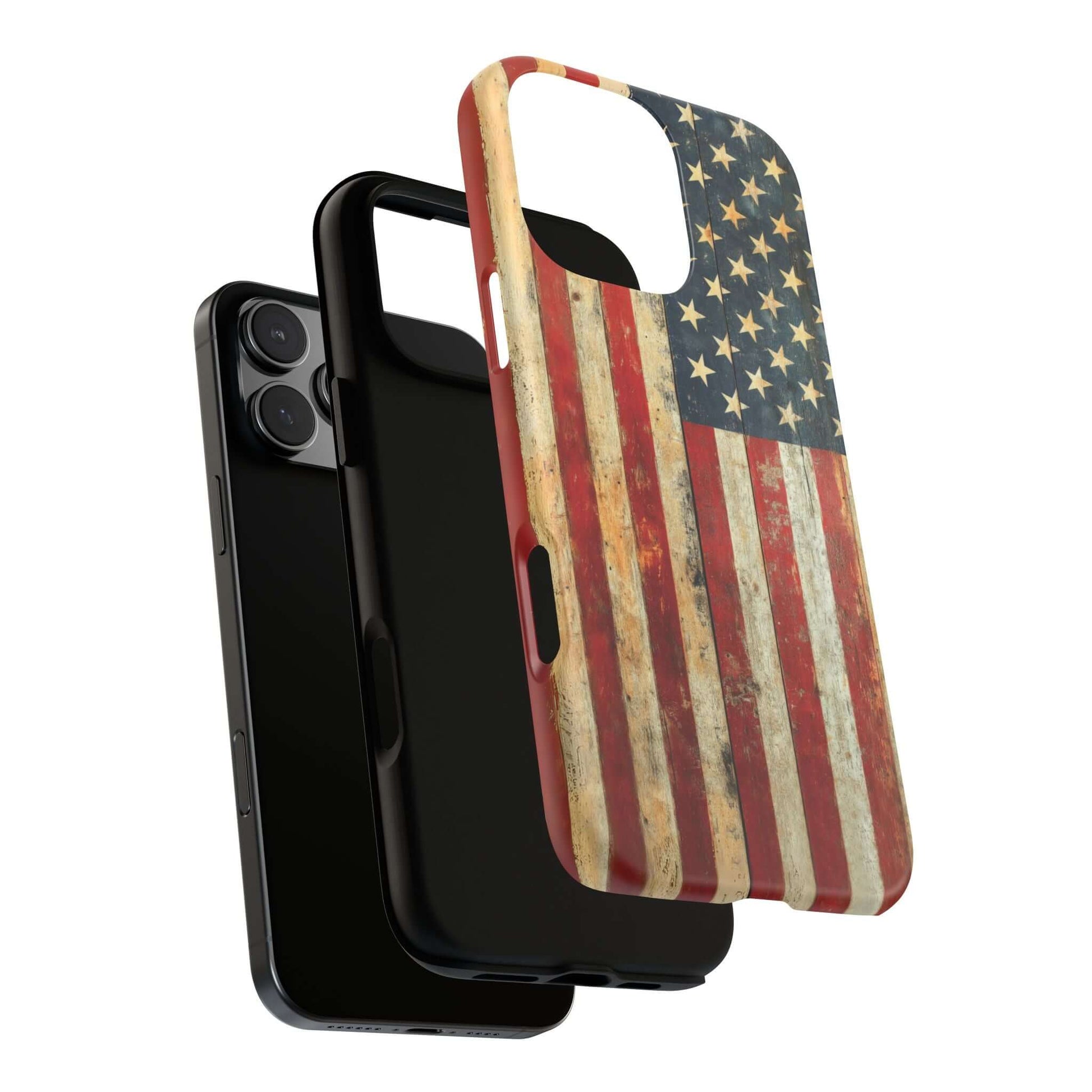 Vintage American Flag iPhone case with rustic design, showing distressed USA flag print, matte finish and protective durability.