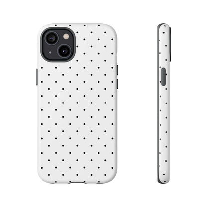 Minimalist polka dot black and white iPhone case; timeless style, modern simplicity, durable protection; chic accessory for women.