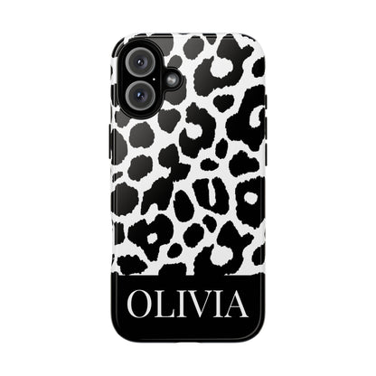 Custom Name Leopard Print iPhone Case - Black and White