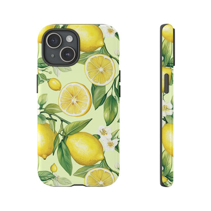 Lemon Blossom iPhone case with hand-painted lemons and blossoms on a pastel background, offering style and protection for your phone.