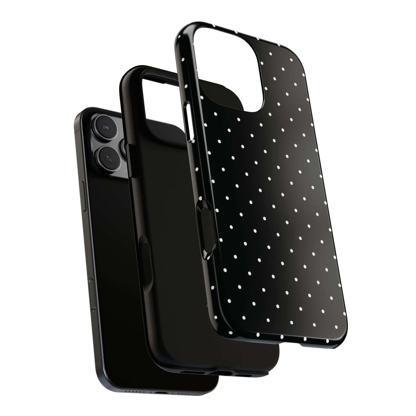 Black chic polka dot iPhone case with minimalist style, featuring a protective design with a rich black background and white spots.