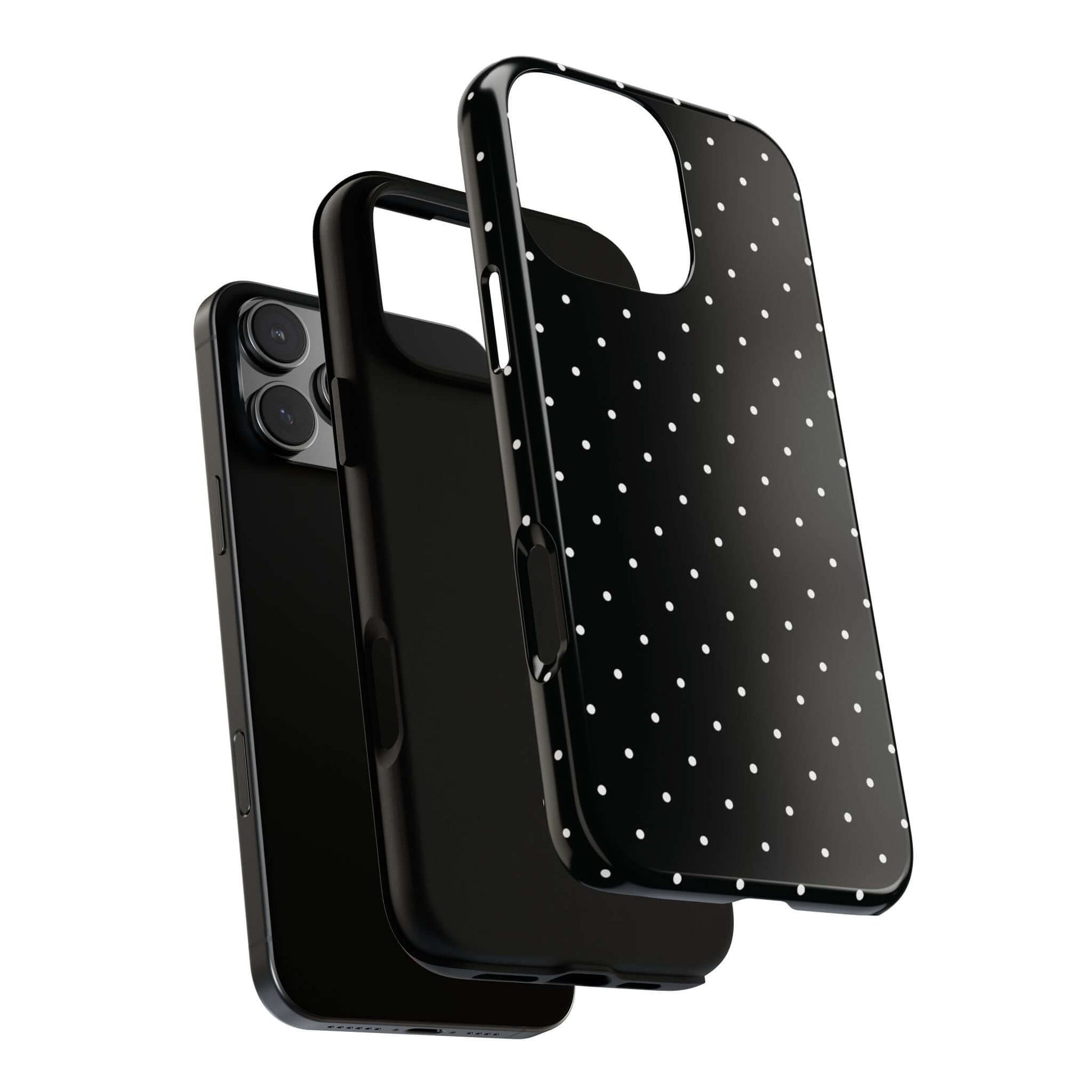 Black chic polka dot iPhone case with minimalist style, featuring a protective design with a rich black background and white spots.