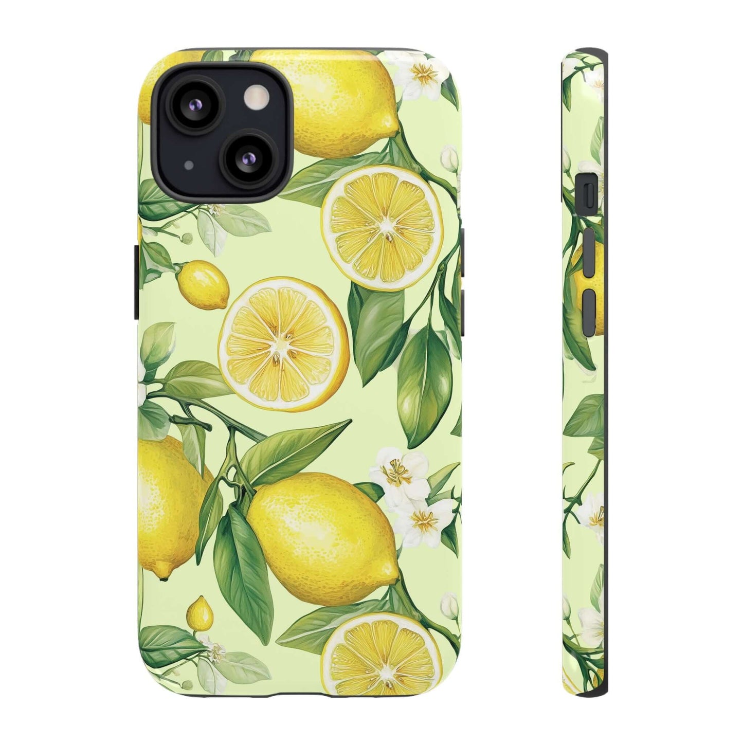 Lemon Blossom iPhone Case with watercolor lemons and blossoms on a pastel background, featuring durable protective design and precise cutouts.