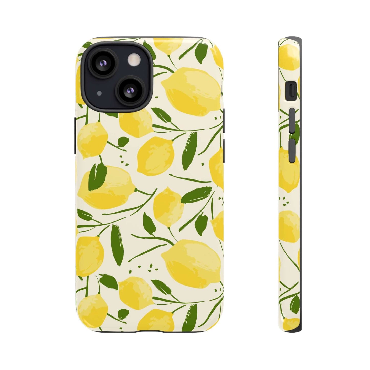 Watercolor Lemon iPhone Case with hand-drawn yellow lemons and green leaves, dual-layer design for summer style and phone protection.