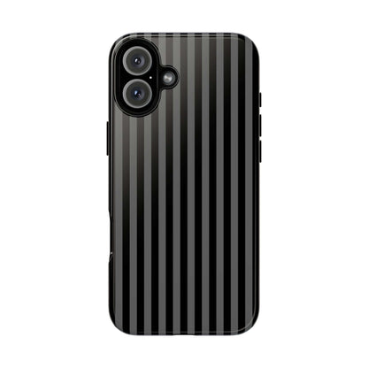 Obsidian Elegance striped black iPhone case, sleek glossy finish with premium shock-absorbent materials, lightweight and MagSafe-compatible.