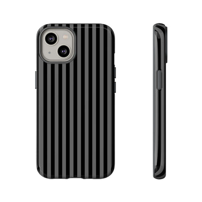 Obsidian Elegance iPhone case with black stripes, sleek glossy finish, durable material, and MagSafe compatibility for modern style and protection.